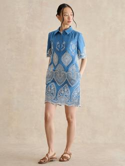 Hobbs Daria Broderie Short Sleeve Shirt Dress, Light Blue/Ivory, Light Blue/Ivory