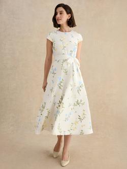 Hobbs Linda Linen Blend Floral Dress, White/Multi, White/Multi