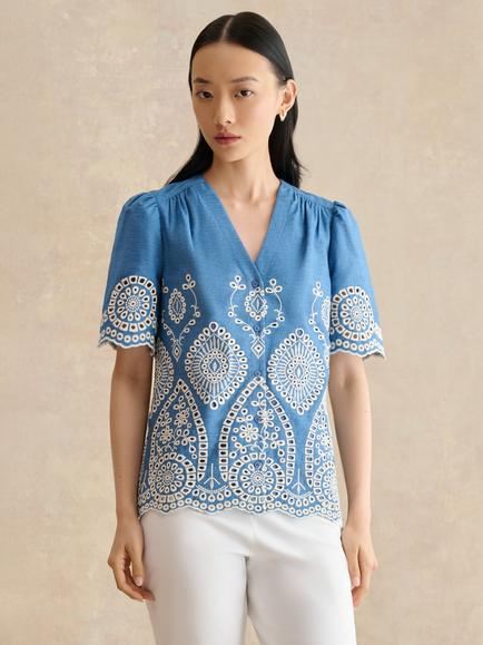 Hobbs Sloane Short Sleeve Broderie Blouse, Lght Blue/Ivory, Lght Blue/Ivory