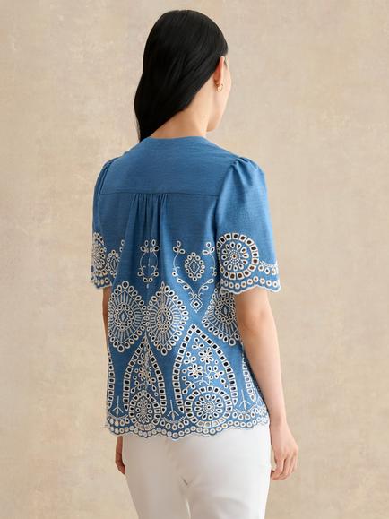 Hobbs Sloane Short Sleeve Broderie Blouse, Lght Blue/Ivory - view 2, Lght Blue/Ivory