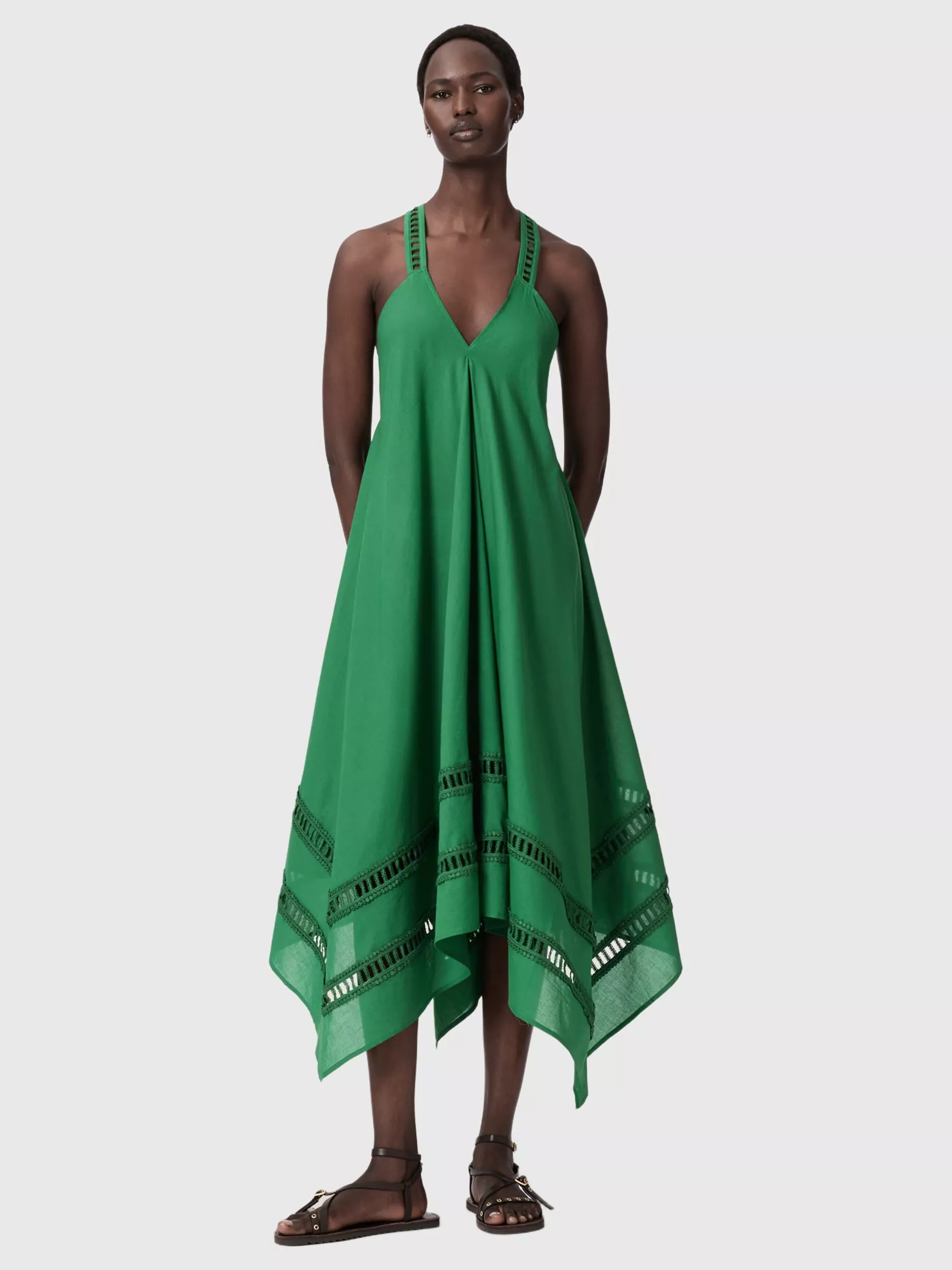 all saints green leopard dress AllSaints Lil Sleeveless Lace Trim Cotton Midi Dress, Apple flag:Plus Available
