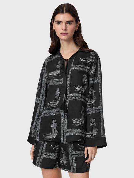 AllSaints Lettie Abstract Pattern Tie Neck Shirt, Black, Black