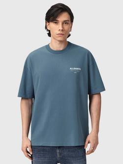 AllSaints Underground Oversized Cotton Logo T-Shirt, Waved Blue, Waved Blue
