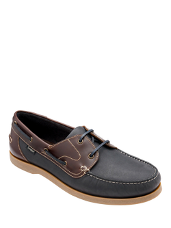 Loake Padstow Leather Boat Shoes, Navy/Brown - view 2, Navy/Brown