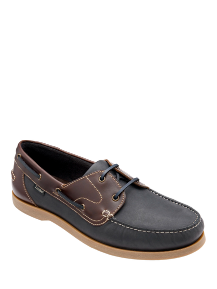 Loake Padstow Leather Boat Shoes, Navy/Brown - view 2, Navy/Brown