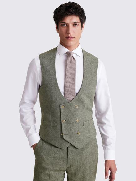 Moss Regular Fit Wool Blend Herringbone Waistcoat, Sage, Sage