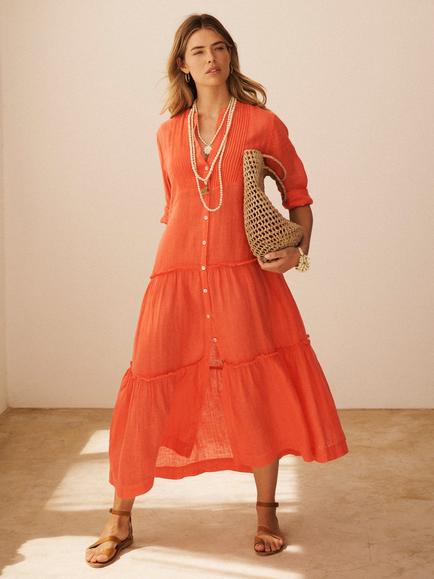 NRBY x BOYD Braga Gauze Linen Tiered Dress, Orange