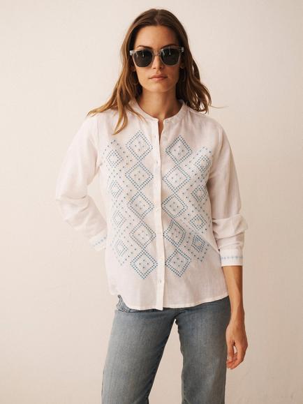 NRBY x BOYD Therese Linen Blend Broderie Shirt, White/Blue, White/Blue