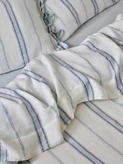 Piglet in Bed Farmhouse Stripe Linen Blend Flat Sheet, Dusk Blue, Dusk Blue
