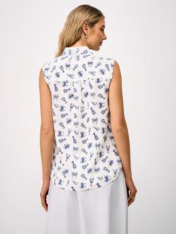 Crew Clothing Linen Blend Relaxed Sleeveless Lobster Print Shirt, White/Navy - view 2, White/Navy