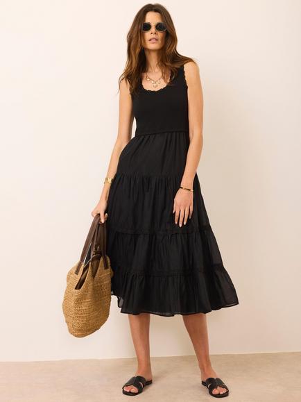 Mint Velvet Crochet Trim Tiered Midi Dress, Black, Black