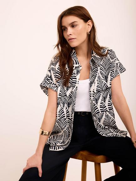 Mint Velvet Leaf Print Resort Shirt, Navy/White, Navy/White