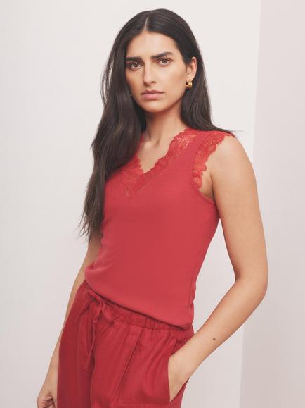 Mint Velvet Lace Detail Sleeveless Top, Red