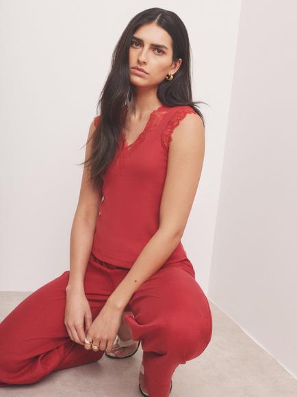 Mint Velvet Lace Detail Sleeveless Top - view 2, Red