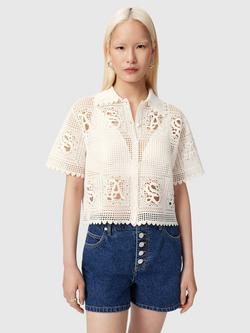 AllSaints Kyra Crochet Cropped Shirt, Chalk White, Chalk White
