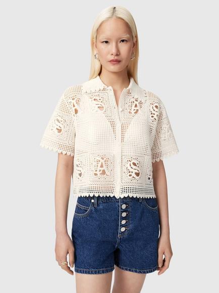 AllSaints Kyra Crochet Cropped Shirt, Chalk White, Chalk White
