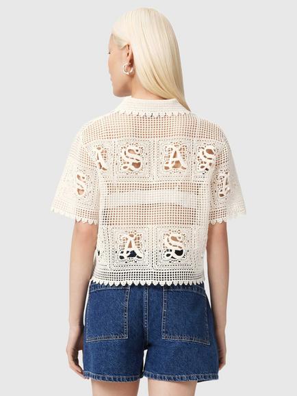 AllSaints Kyra Crochet Cropped Shirt, Chalk White - view 2, Chalk White