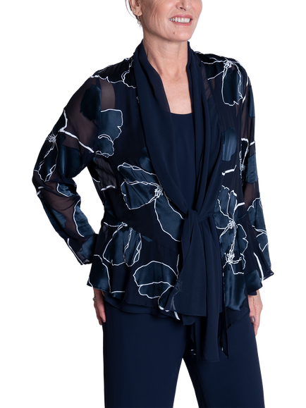 chesca Floral Satin Devoree Jacket, Navy/White, Navy/White