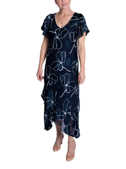 chesca Floral Satin Devoree Dress, Navy/White, Navy/White