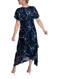 chesca Floral Satin Devoree Dress, Navy/White - view 2, Navy/White