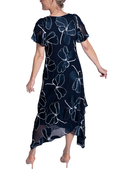 chesca Floral Satin Devoree Dress, Navy/White - view 2, Navy/White