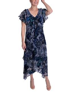 chesca Paisley Velvet Burnout Dress, Cobalt/Pewter, Cobalt/Pewter