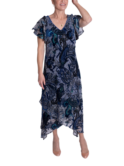 chesca Paisley Velvet Burnout Dress, Cobalt/Pewter, Cobalt/Pewter