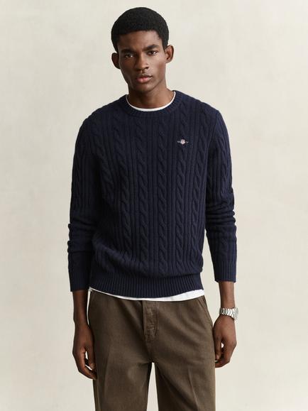 GANT Cable Knit Crew Neck Lambswool Jumper, Evening Blue, Evening Blue