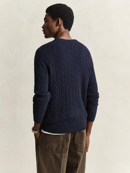 GANT Cable Knit Crew Neck Lambswool Jumper, Evening Blue - view 2, Evening Blue