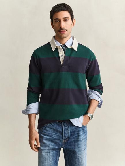 GANT Heavyweight Cotton Stripe Rugby Top, Dark Emerald, Dark Emerald