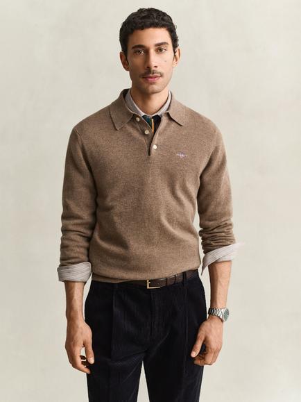 GANT Superfine Wool Long Sleeve Polo Top, Lt Brown Melange, Lt Brown Melange