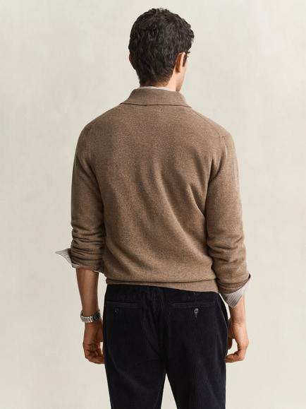 GANT Superfine Wool Long Sleeve Polo Top, Lt Brown Melange - view 2, Lt Brown Melange