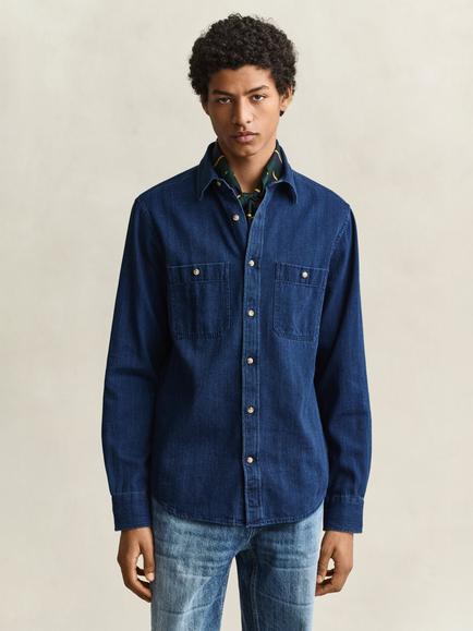 GANT Cotton Herringbone Shirt, Mid Blue, Mid Blue