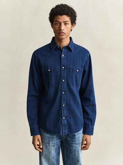 GANT Cotton Herringbone Shirt, Mid Blue - view 2, Mid Blue