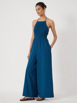 HUSH Sleeveless Wide Leg Shirred Seersucker Cotton Jumpsuit, Blue, Blue