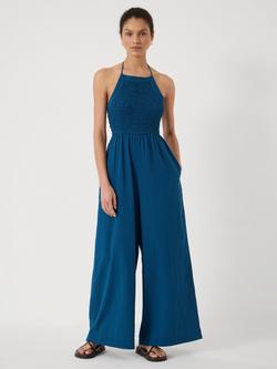 HUSH Sleeveless Wide Leg Shirred Seersucker Cotton Jumpsuit, Blue - view 2, Blue
