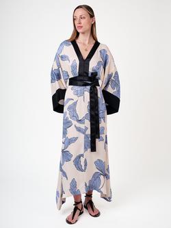 Amanda Wakeley Sara Tie Waist Kimono Dress, Cream/Blue - view 2, Cream/Blue