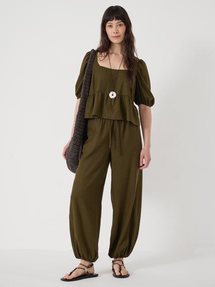 HUSH Tove Linen Blend Balloon Beach Trousers, Khaki Green - view 2, Khaki Green
