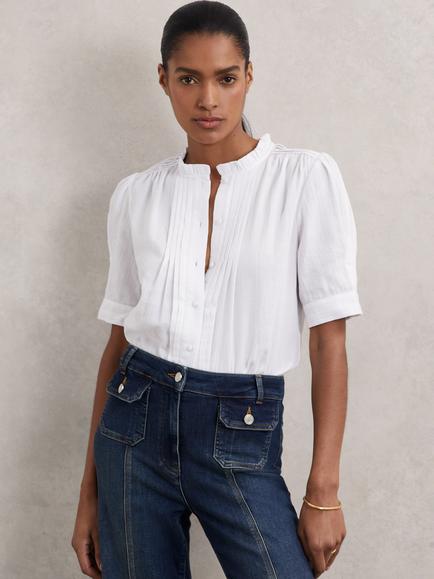 Reiss Aurelia Cotton Textured Short Sleeve Blouse, Ivory