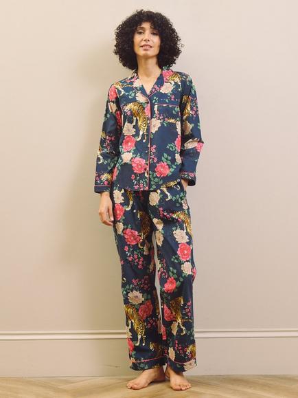 Their Nibs Floral Tiger Button Through Long Cotton Pyjama Set, Navy, Navy