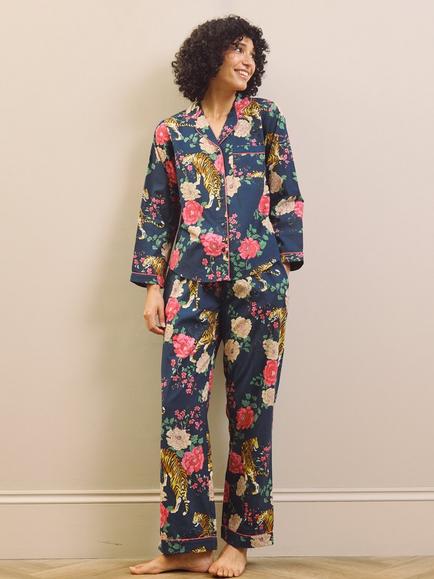 Their Nibs Floral Tiger Button Through Long Cotton Pyjama Set, Navy - view 2, Navy
