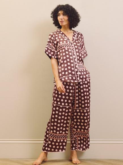 Their Nibs Polka Button Through Long Pyjama Set, Pink/Brown Spot - view 2, Pink/Brown Spot