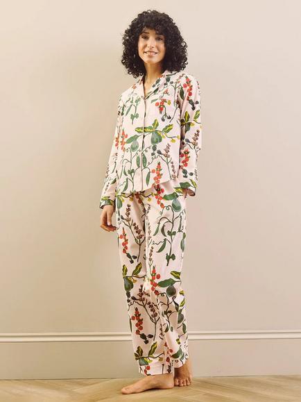 Their Nibs Harvest Pear Button Through Long Cotton Pyjama Set, Pink, Pink