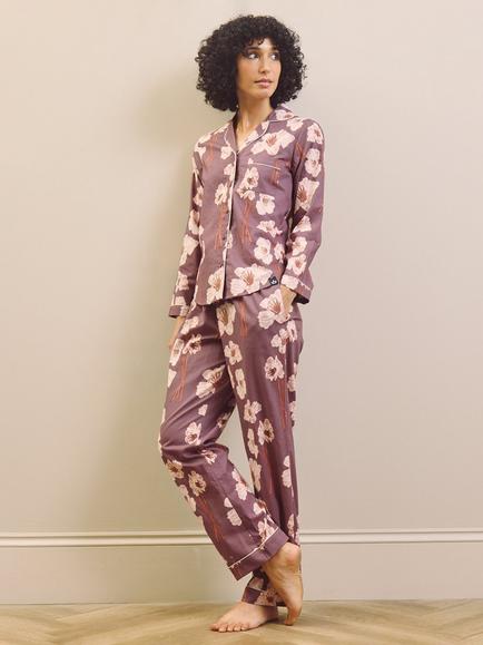 Their Nibs Floral Button Through Long Cotton Pyjama Set, Purple, Purple