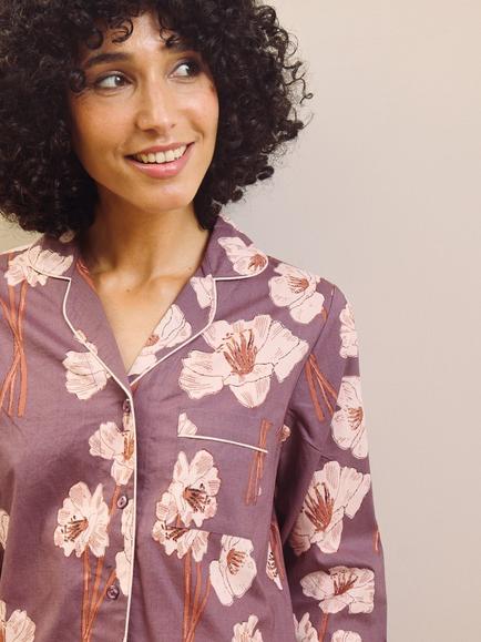 Their Nibs Floral Button Through Long Cotton Pyjama Set, Purple - view 2, Purple