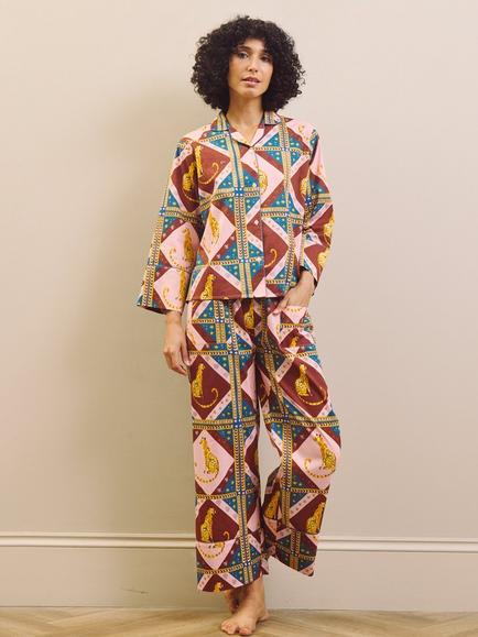 Their Nibs Diamond Leo Button Through Long Cotton Pyjama Set, Multi, Multi