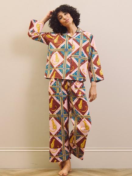 Their Nibs Diamond Leo Button Through Long Cotton Pyjama Set, Multi - view 2, Multi