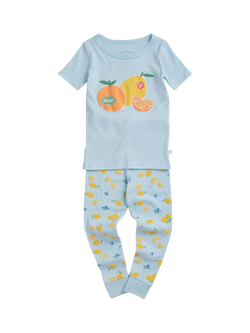 MORI Kids' Lemon Lullaby Ribbed Short Sleeve Pyjama Set, Blue Citrus, Blue Citrus