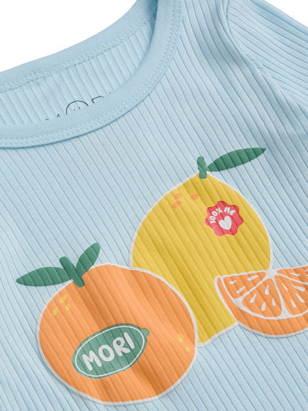 MORI Kids' Lemon Lullaby Ribbed Short Sleeve Pyjama Set, Blue Citrus - view 2, Blue Citrus