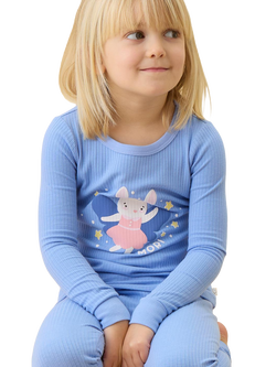 MORI Kids' Ribbed Fairy Long Sleeve Pyjama Set, Bunny & Blue - view 2, Bunny & Blue